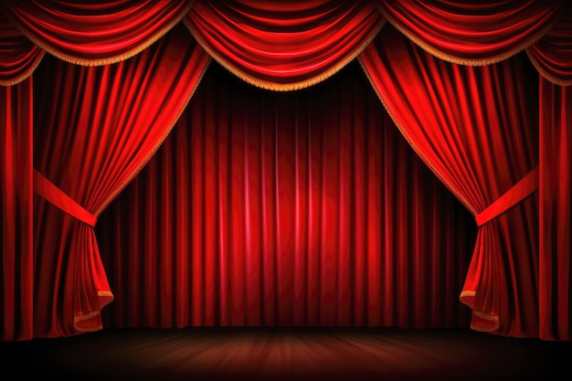 Rideaux de théâtre rouges et dorés scène de cinéma spectacle de concert fond d'événement généré par l'IA