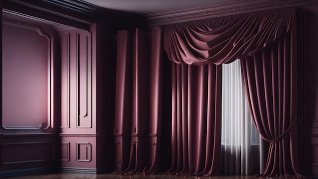 Des rideaux de velours rouge dans un intérieur classique 3D rendent une maquette d'illustration