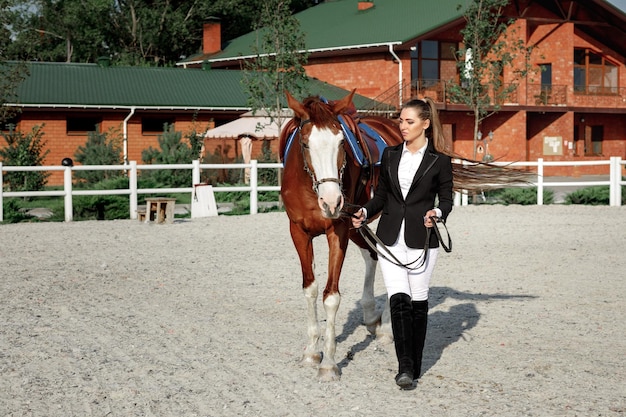 Photo rider femme élégante à cheval à l'extérieur