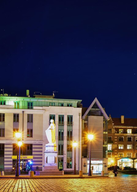 Riga, Lettonie - 26 décembre 2016 : vue nocturne sur la place de la mairie et la statue de Roland dans le centre du vieux Riga, Lettonie. La statue de Roland est le symbole de la liberté et du droit de cité d'une ville.