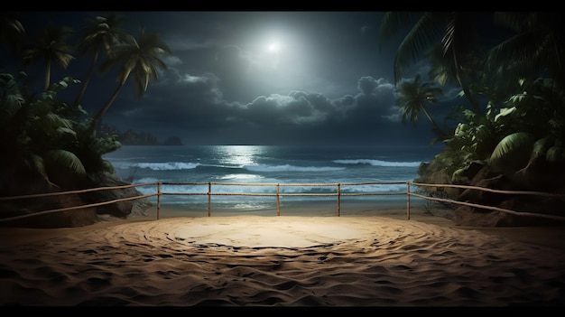 un ring de boxe abandonné sur une plage au clair de lune avec des vagues phosphorescentes et du feuillage tropical.