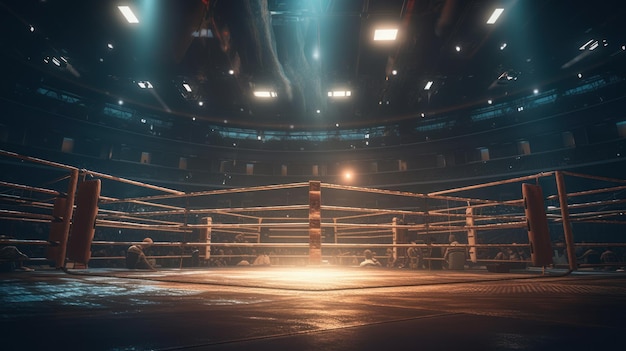 Un ring de boxe dans un stade avec une lumière sur le mur