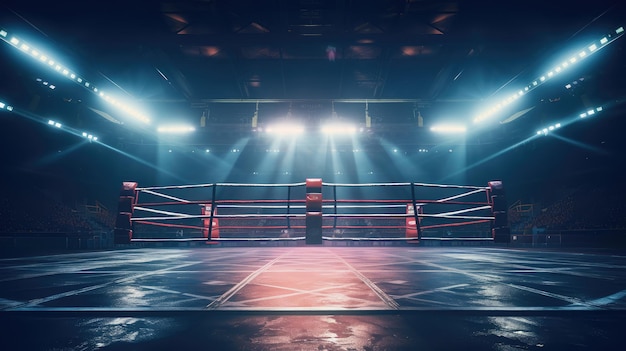 Un ring de boxe éclairé dans une arène atmosphérique