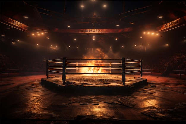 Un ring de boxe avec un feu brûlant au centre