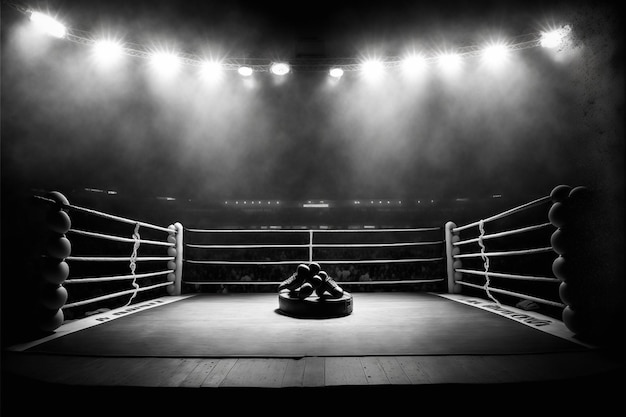 un ring de boxe avec une personne dessus et un panneau qui dit " guerre " dessus.