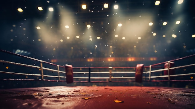 Photo le ring de boxe s'est concentré sur les cordes avec un bokeh de lumières de stade transmettant l'anticipation.