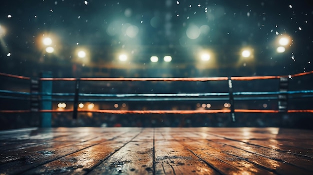 Photo le ring de boxe s'est concentré sur les cordes avec un bokeh de lumières de stade transmettant l'anticipation.