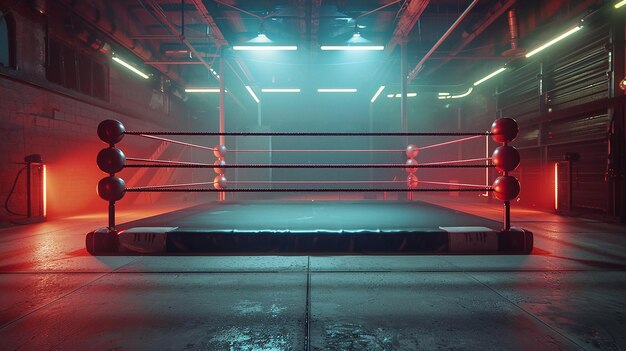 Photo ring de boxe vide avec des cordes rouges pour le match dans la scène