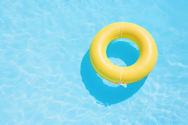 Ring jaune de piscine flottant dans l'eau bleue concept d'été arrière-plan vue supérieure avec copyspace