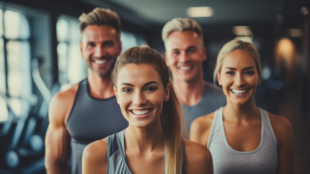 Rire et amis au gymnase pour l'entraînement des cours de Pilates et des entraînements heureux au Yim Club