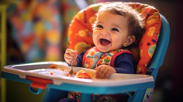 rire, bébé, manger, désordre, chaise haute