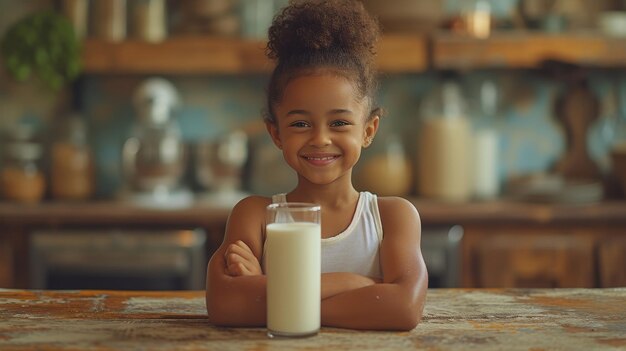 Rire et flexion des muscles à partir de calcium dans un verre et boisson saine pour la croissance de l'énergie et de la nutrition