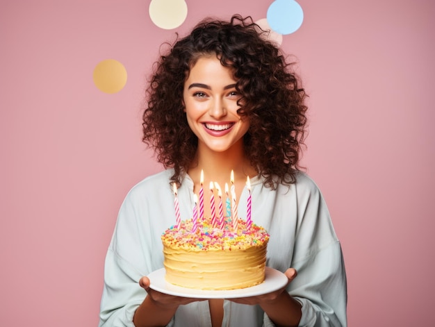 Rire à haute voix jolie jeune belle femme tenant un gros gâteau d'anniversaire avec des bougies
