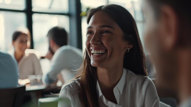 Le rire joyeux d'une femme résonne dans une réunion ensoleillée, favorisant un lieu de travail positif.