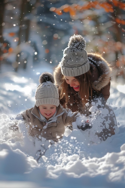 Le rire neigeux et les jeux joyeux avec le tout-petit