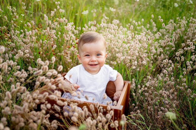 Rire petite fille de 7 mois assis parmi l'herbe des champs dans une robe blanche, marche en bonne santé dans l'air frais, vue du dessus