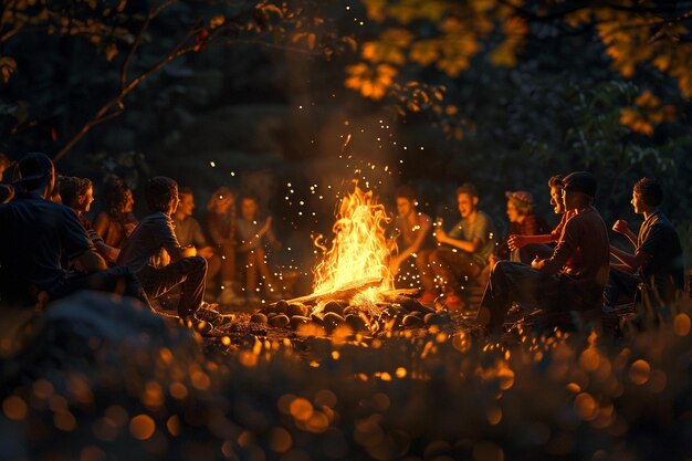 Photo les rires joyeux des amis rassemblés autour d'un bonfi