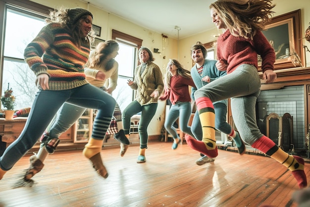 Les rires résonnent alors que les amis tentent une danse synchronisée désastreuse dans leurs chaussettes disparates.