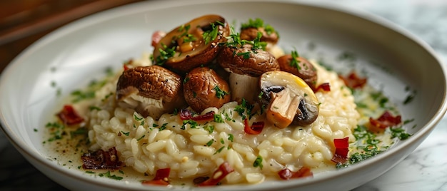 Photo risotto aux champignons gourmet avec des herbes et des morceaux de bacon concept risotto à champignons cuisine gourmet des plats infusés d'herbes récipes de bacon