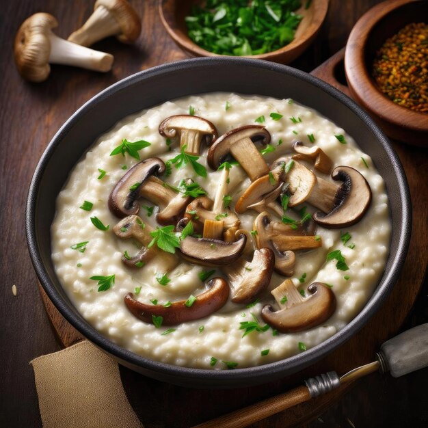 Photo risotto aux champignons et persil sur fond de bois