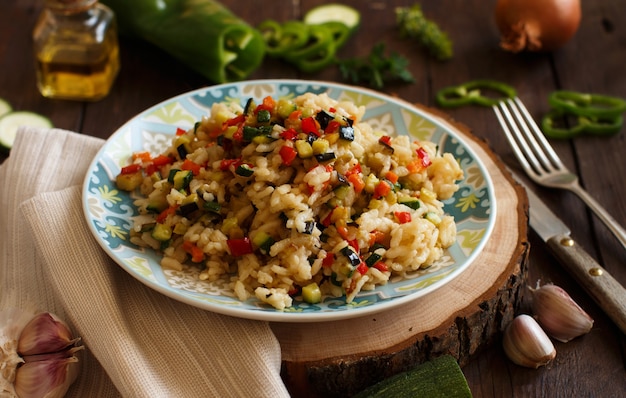 Risotto aux légumes sur une table en bois