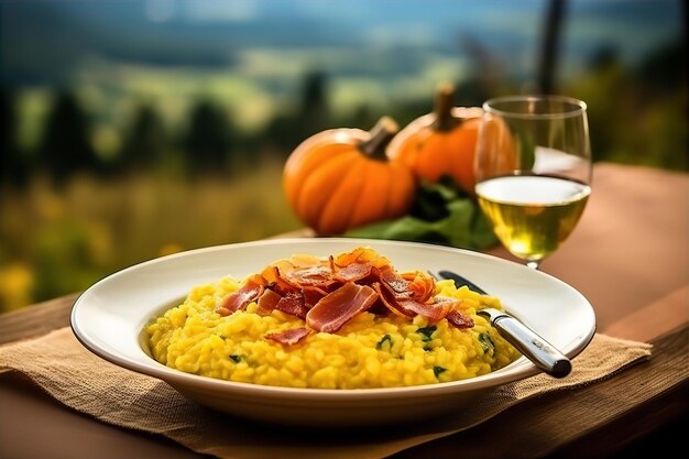 Risotto de citrouille avec bacon croustillant et bière pour le déjeuner dans l'espace extérieur sur fond de nature de colline