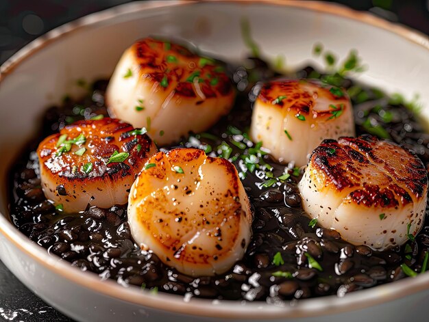 Risotto à l'encre de squid avec des écailles