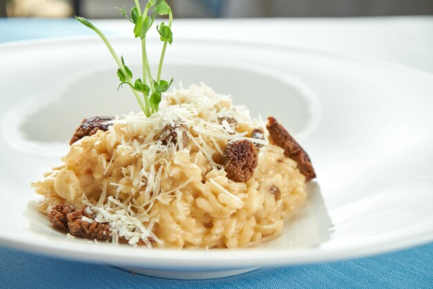 Risotto italien classique à la truffe et tomates séchées au soleil, parmesan dans une assiette blanche sur nappe bleue.