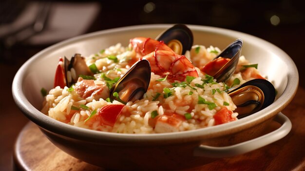 Risotto italien traditionnel aux fruits de mer crevettes et moules tomates AI généré