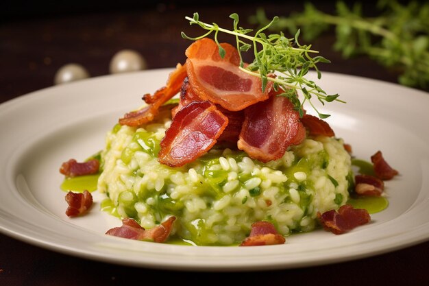 Risotto servi sur un lit de rogues avec de la vinaigrette au citron