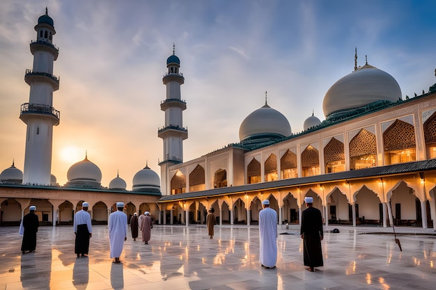 Rituel du matin d'Idul Adha Serene Cour de la mosquée Les fidèles en tenue traditionnelle et l'odeur