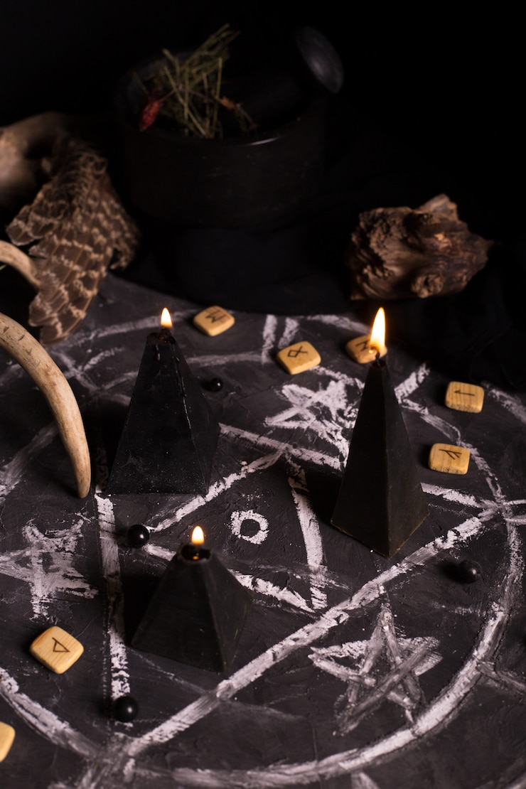 Photo rituel de magie noire avec des bougies et des runes
