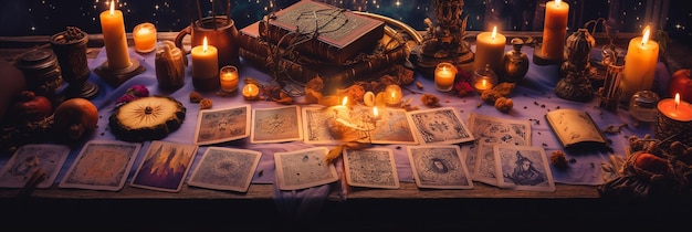 rituel mystique avec des bougies et des cartes de tarot vue du haut