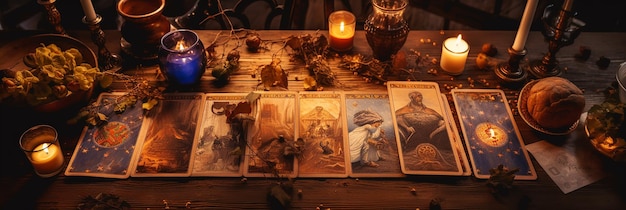 rituel mystique avec des bougies et des cartes de tarot vue du haut