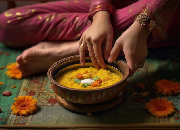Rituel traditionnel indien du Diwali avec des décorations colorées