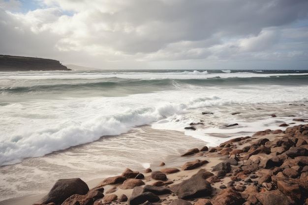 Rivage aride avec vagues déferlantes et nuages en arrière-plan