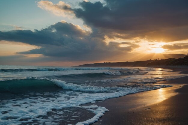 le rivage à l'aube avec les vagues qui battent doucement le rivage