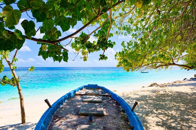 Rivage et bateau en bois dans l'Océan Indien Maldives