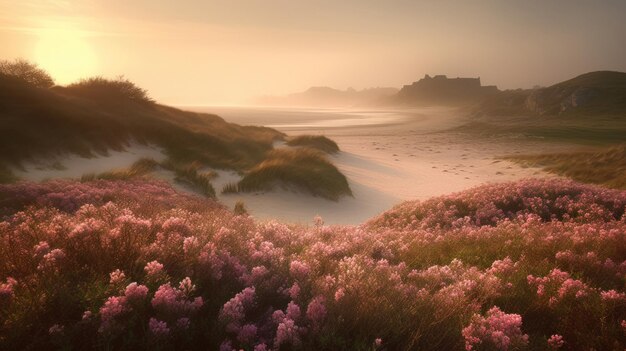 Rivage couvert de fleurs roses au bord de la mer Generaitve AI