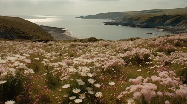 Rivage couvert de fleurs roses au bord de la mer Generaitve AI