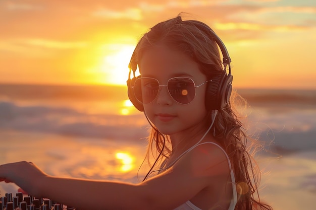 Sur un rivage, une jeune femme avec des écouteurs et des lunettes de soleil est DJ et l'espace IA générative