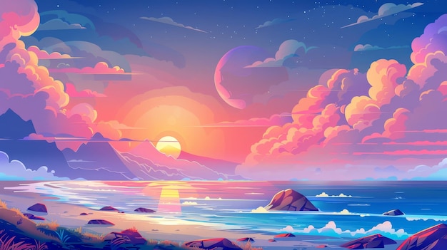 Un rivage de l'océan au coucher du soleil avec des montagnes, des nuages et du soleil. Paysage de coucher du Soleil avec une côte océanique et des montagnes. Illustration de dessin animé moderne d'un rivage rocheux.