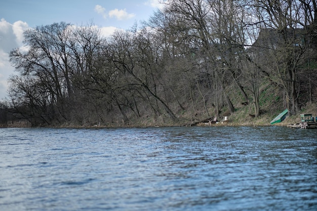 Le rivage de la rivière sur fond d'arbres avec