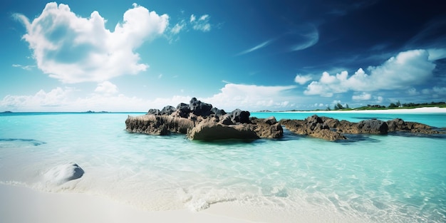 un rivage rocheux avec une eau cristalline et un ciel bleu au-dessus