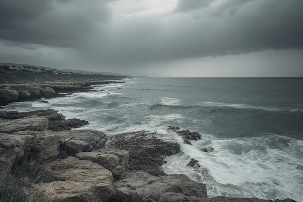 Un rivage rocheux avec des vagues qui s'y écrasent et le ciel est sombre et nuageux.