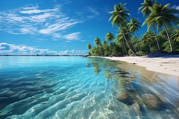 Rivage de sable avec palmiers et eau turquoise dans un paradis tropical