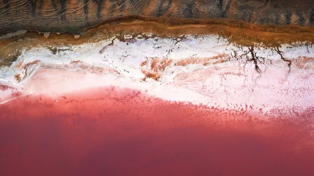 Rive couverte de sel du lac Pink. Zone touristique. Eau de rose