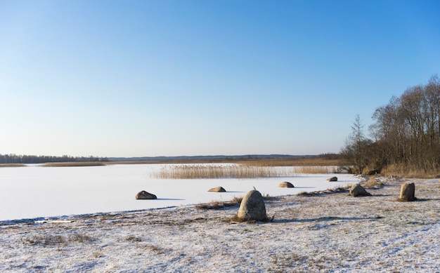 La Rive D'un Lac Gelé En Hiver