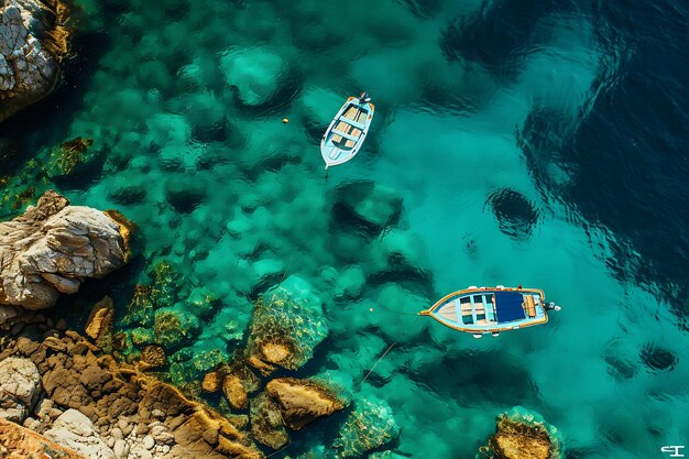 Des rives rocheuses et des bateaux flottant dans le turquoise clair