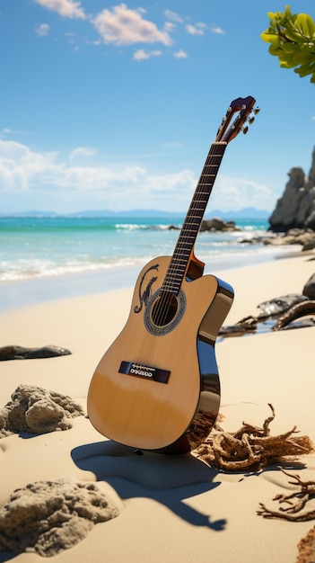 Sur les rives sablonneuses, une guitare acoustique verticale attend un spectacle au bord de la plage. Mur mobile vertical